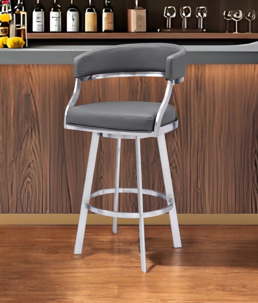 26" Gray and Silver Faux Leather and Iron Low Back Counter Height Swivel Bar Chair HomeRoots