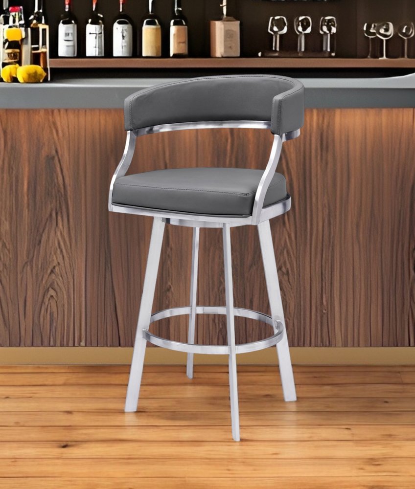 26" Gray and Silver Faux Leather and Iron Low Back Counter Height Swivel Bar Chair HomeRoots