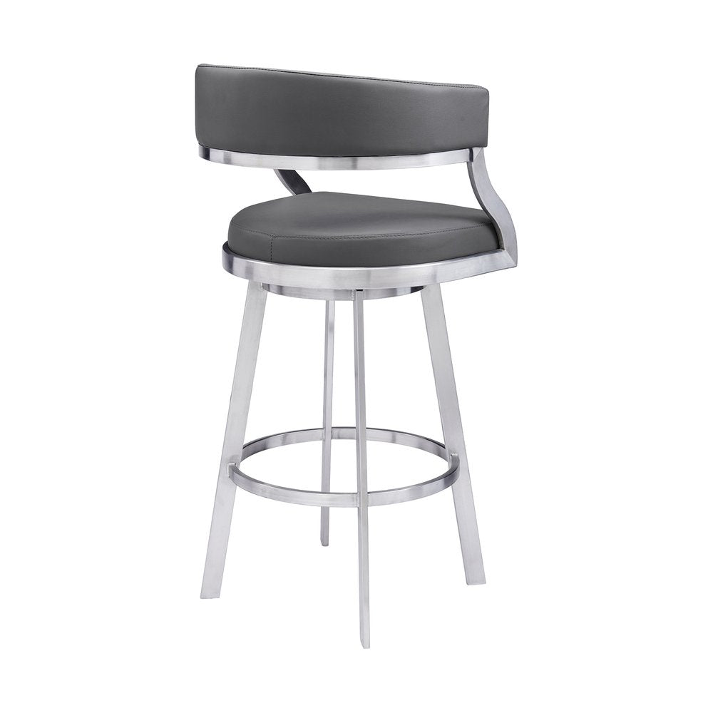 26" Gray And Silver Faux Leather And Faux Leather And Iron Low Back Counter Height Swivel Bar Chair HomeRoots