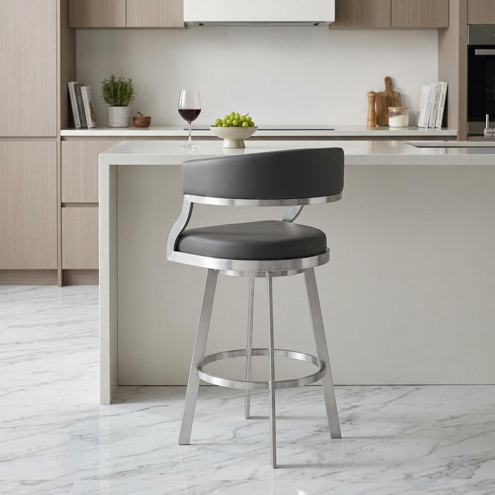 26" Gray And Silver Faux Leather And Faux Leather And Iron Low Back Counter Height Swivel Bar Chair HomeRoots