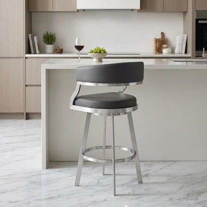 26" Gray And Silver Faux Leather And Faux Leather And Iron Low Back Counter Height Swivel Bar Chair HomeRoots