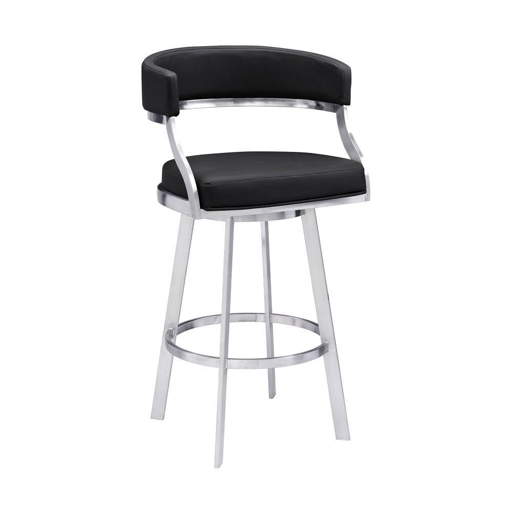 26" Black And Silver Faux Leather And Faux Leather And Iron Low Back Counter Height Swivel Bar Chair HomeRoots