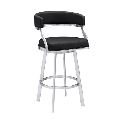 26" Black And Silver Faux Leather And Faux Leather And Iron Low Back Counter Height Swivel Bar Chair HomeRoots