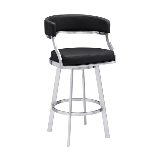 26" Black And Silver Faux Leather And Faux Leather And Iron Low Back Counter Height Swivel Bar Chair HomeRoots