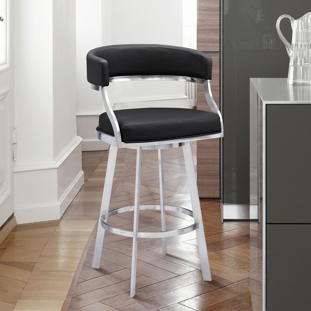 26" Black And Silver Faux Leather And Faux Leather And Iron Low Back Counter Height Swivel Bar Chair HomeRoots