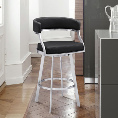 26" Black And Silver Faux Leather And Faux Leather And Iron Low Back Counter Height Swivel Bar Chair HomeRoots