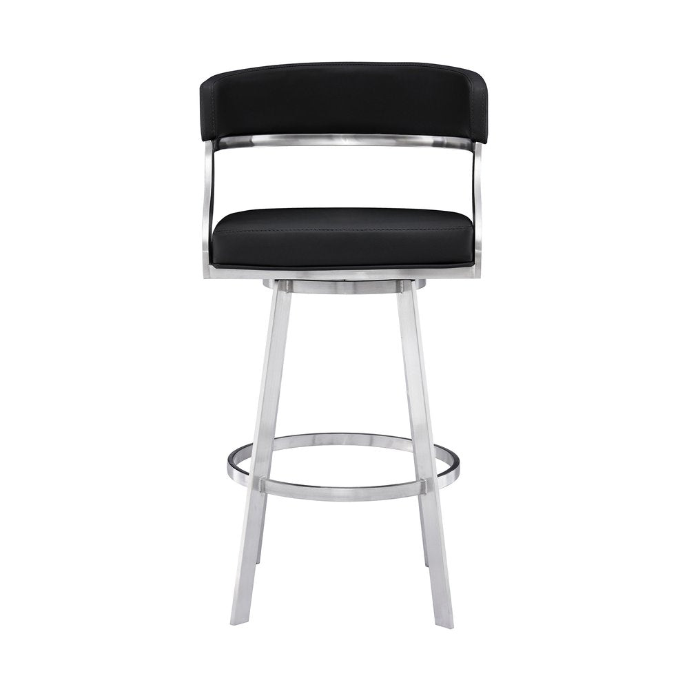 26" Black And Silver Faux Leather And Faux Leather And Iron Low Back Counter Height Swivel Bar Chair HomeRoots