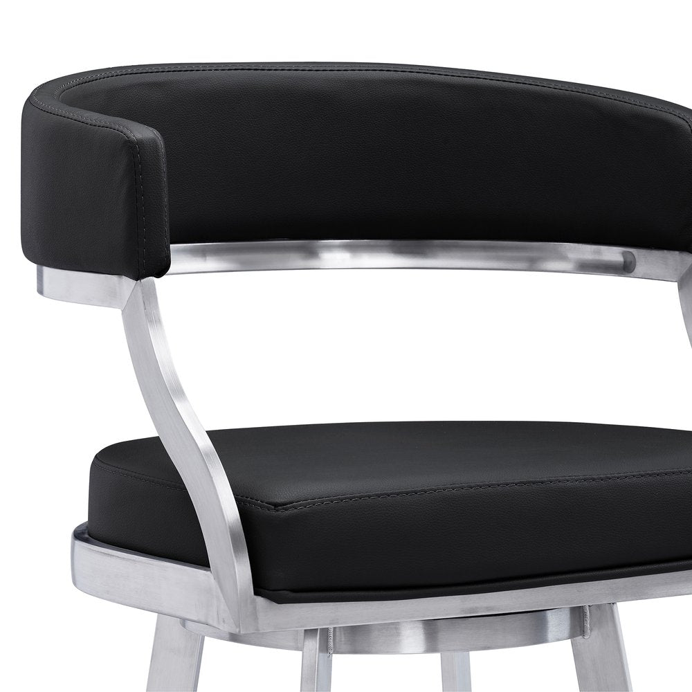 26" Black And Silver Faux Leather And Faux Leather And Iron Low Back Counter Height Swivel Bar Chair HomeRoots