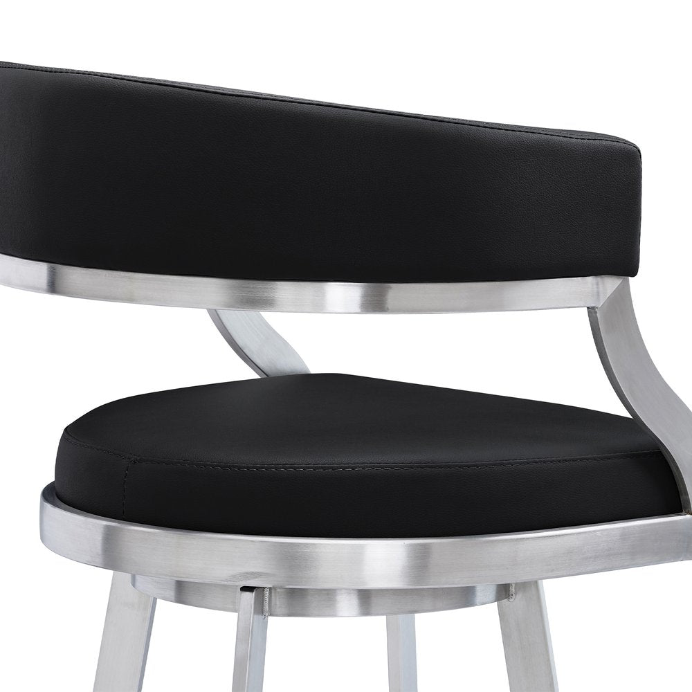 26" Black And Silver Faux Leather And Faux Leather And Iron Low Back Counter Height Swivel Bar Chair HomeRoots