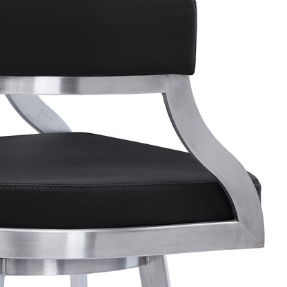 26" Black And Silver Faux Leather And Faux Leather And Iron Low Back Counter Height Swivel Bar Chair HomeRoots