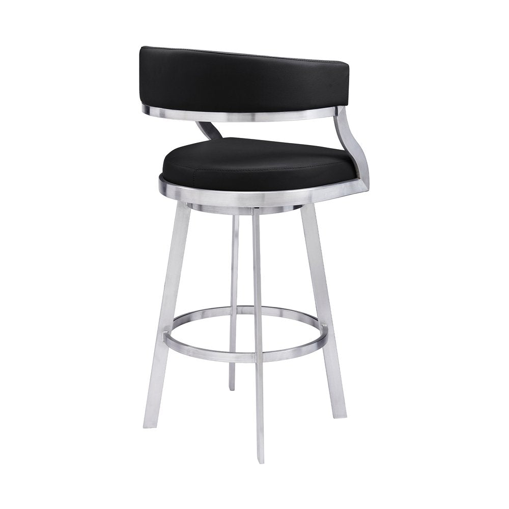 26" Black And Silver Faux Leather And Faux Leather And Iron Low Back Counter Height Swivel Bar Chair HomeRoots