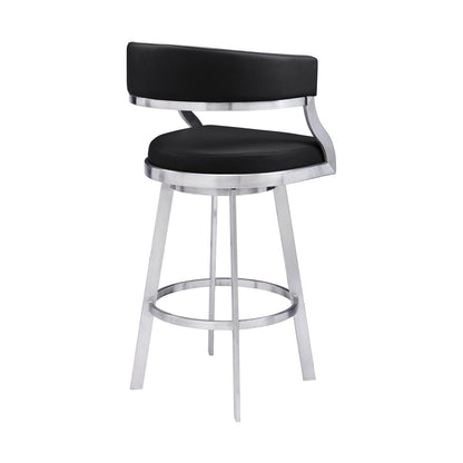 26" Black And Silver Faux Leather And Faux Leather And Iron Low Back Counter Height Swivel Bar Chair HomeRoots