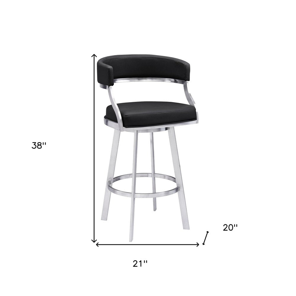 26" Black And Silver Faux Leather And Faux Leather And Iron Low Back Counter Height Swivel Bar Chair HomeRoots