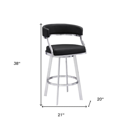 26" Black And Silver Faux Leather And Faux Leather And Iron Low Back Counter Height Swivel Bar Chair HomeRoots