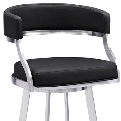 26" Black And Silver Faux Leather And Faux Leather And Iron Low Back Counter Height Swivel Bar Chair HomeRoots