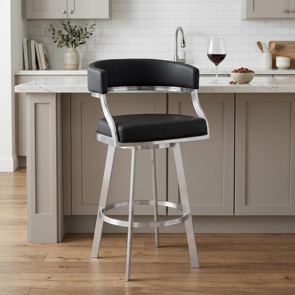 26" Black And Silver Faux Leather And Faux Leather And Iron Low Back Counter Height Swivel Bar Chair HomeRoots