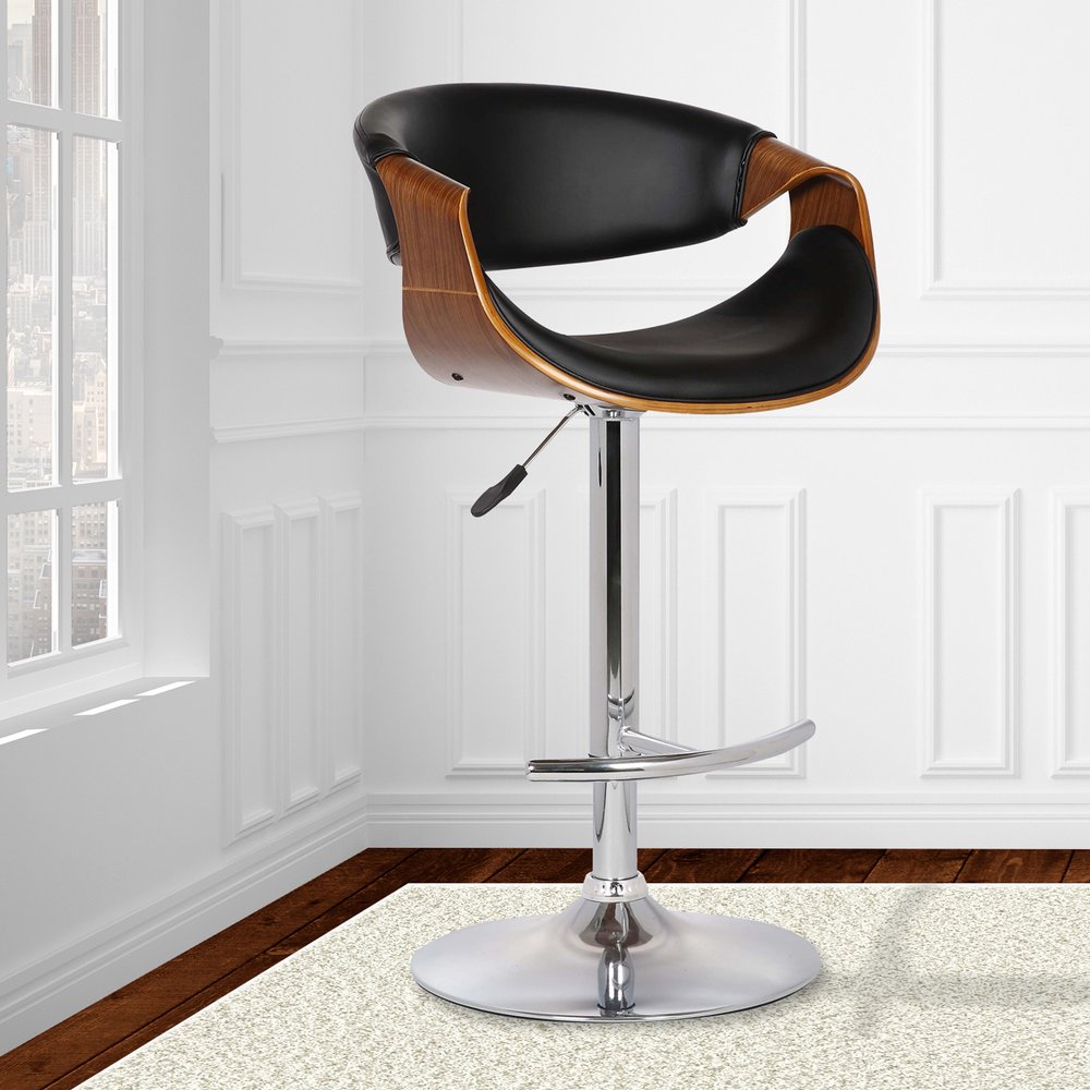 Black And Silver Fabric And Solid Wood Low Back Adjustable Height Swivel Bar Chair HomeRoots