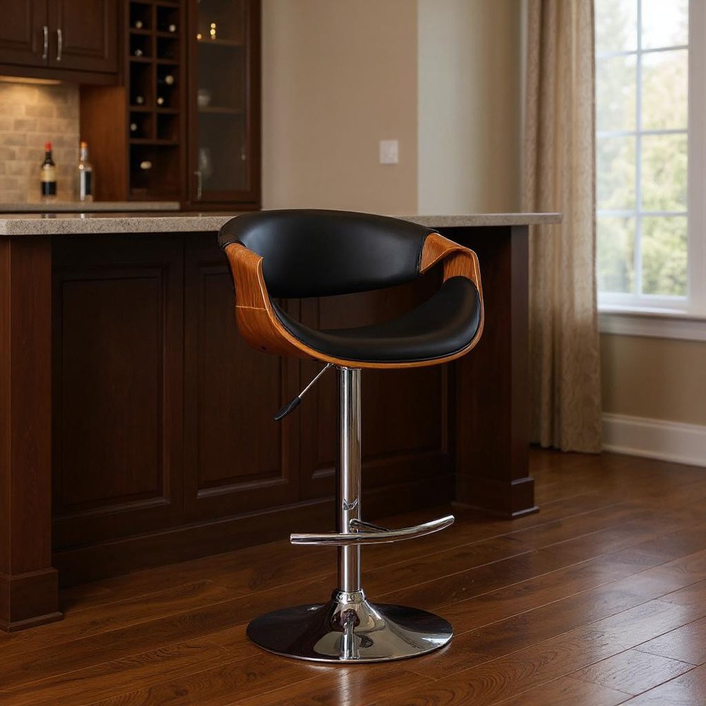 Black And Silver Fabric And Solid Wood Low Back Adjustable Height Swivel Bar Chair HomeRoots
