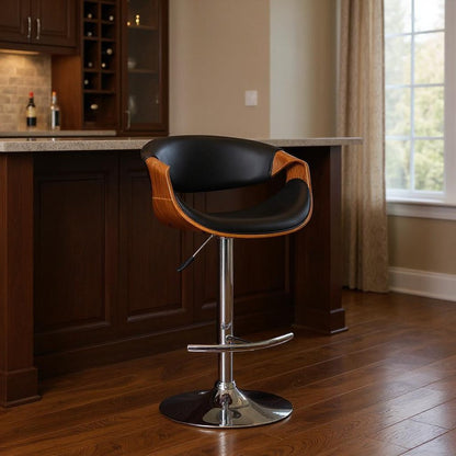 Black And Silver Fabric And Solid Wood Low Back Adjustable Height Swivel Bar Chair HomeRoots