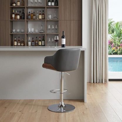 Gray And Silver Faux Leather And Fabric And Iron Low Back Adjustable Height Swivel Bar Chair HomeRoots