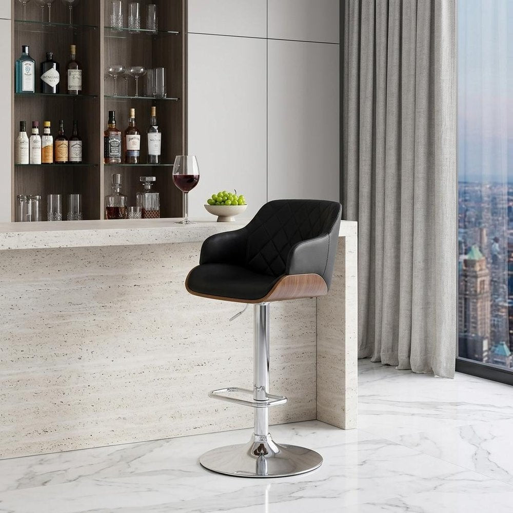 Black And Silver Faux Leather And Fabric And Iron Low Back Adjustable Height Swivel Bar Chair HomeRoots