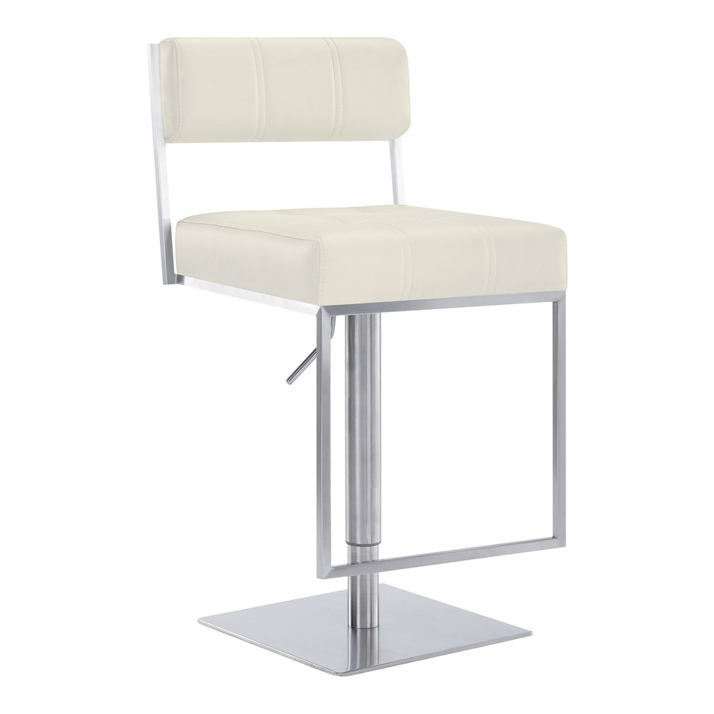 White And Silver Faux Leather And Faux Leather And Iron Low Back Adjustable Height Swivel Bar Chair HomeRoots