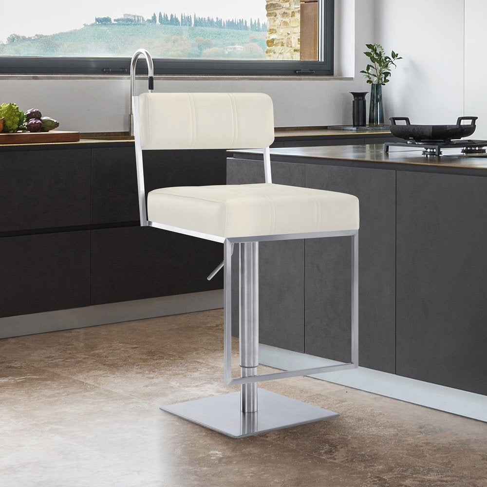 White And Silver Faux Leather And Faux Leather And Iron Low Back Adjustable Height Swivel Bar Chair HomeRoots