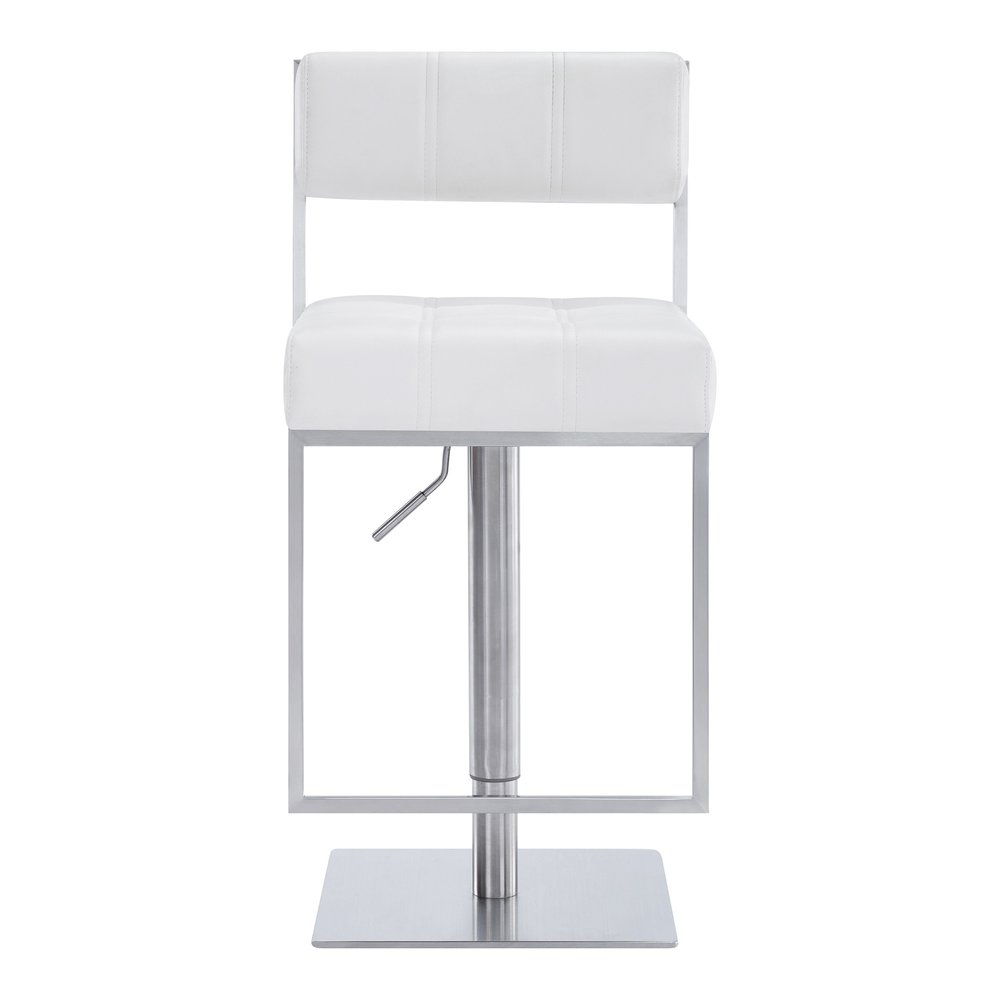 White And Silver Faux Leather And Faux Leather And Iron Low Back Adjustable Height Swivel Bar Chair HomeRoots