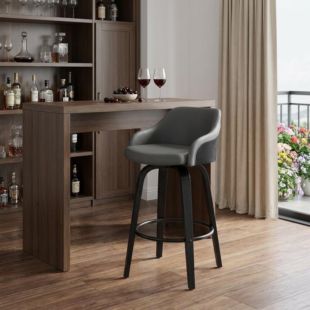 30" Gray And Black Fabric And Iron Low Back Bar Height Swivel Bar Chair HomeRoots