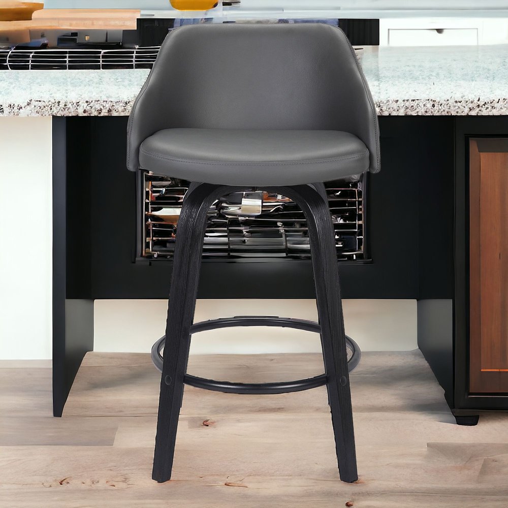 30" Gray And Black Fabric And Iron Low Back Bar Height Swivel Bar Chair HomeRoots