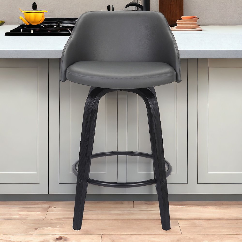 30" Gray And Black Fabric And Iron Low Back Bar Height Swivel Bar Chair HomeRoots