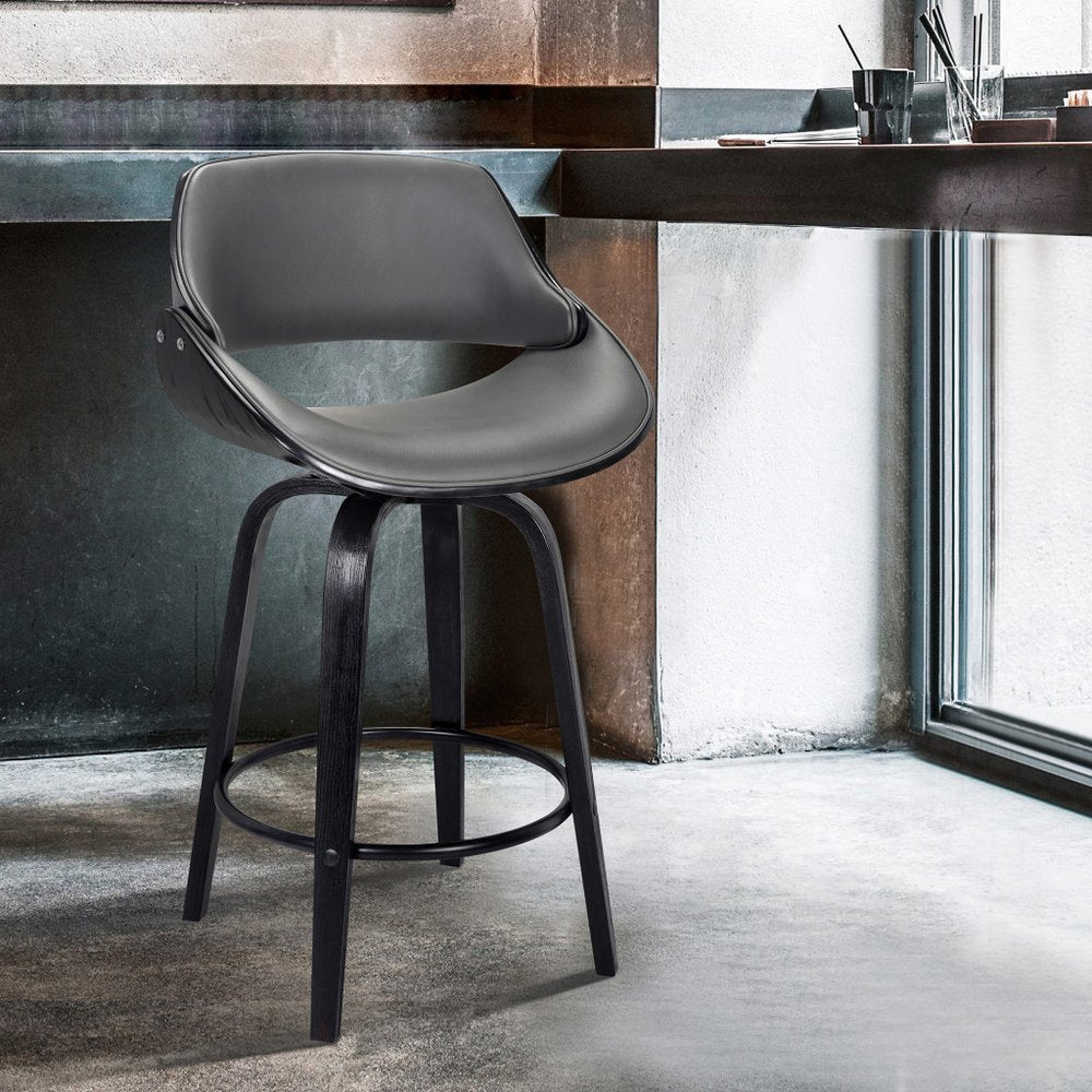 26" Gray And Black Faux Leather And Iron Swivel Low Back Counter Height Bar Chair HomeRoots