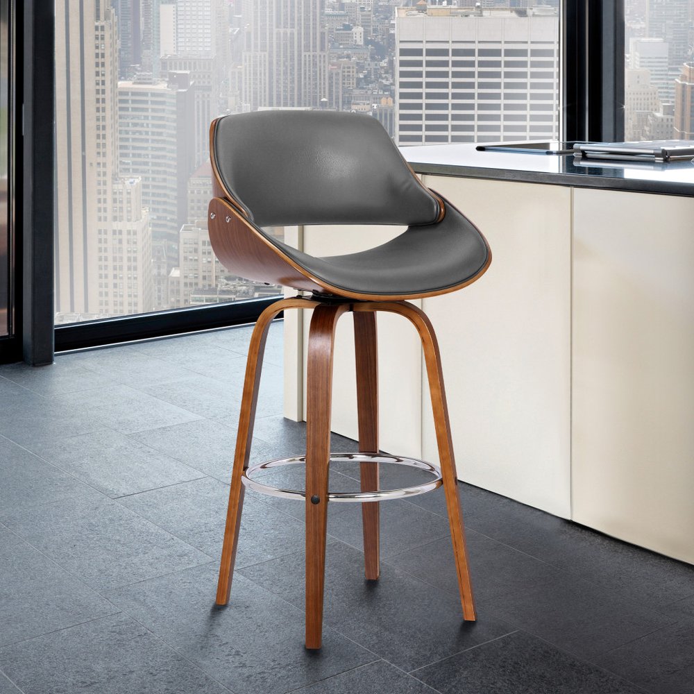 26" Gray And Brown Faux Leather And Fabric And Iron Low Back Counter Height Swivel Bar Chair HomeRoots