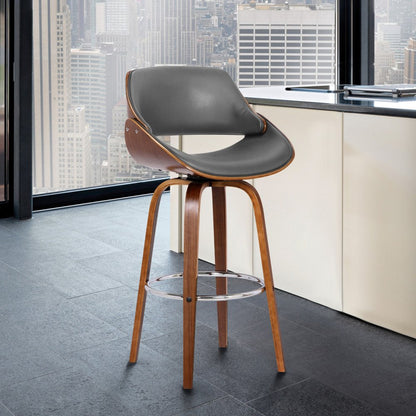 26" Gray And Brown Faux Leather And Fabric And Iron Low Back Counter Height Swivel Bar Chair HomeRoots