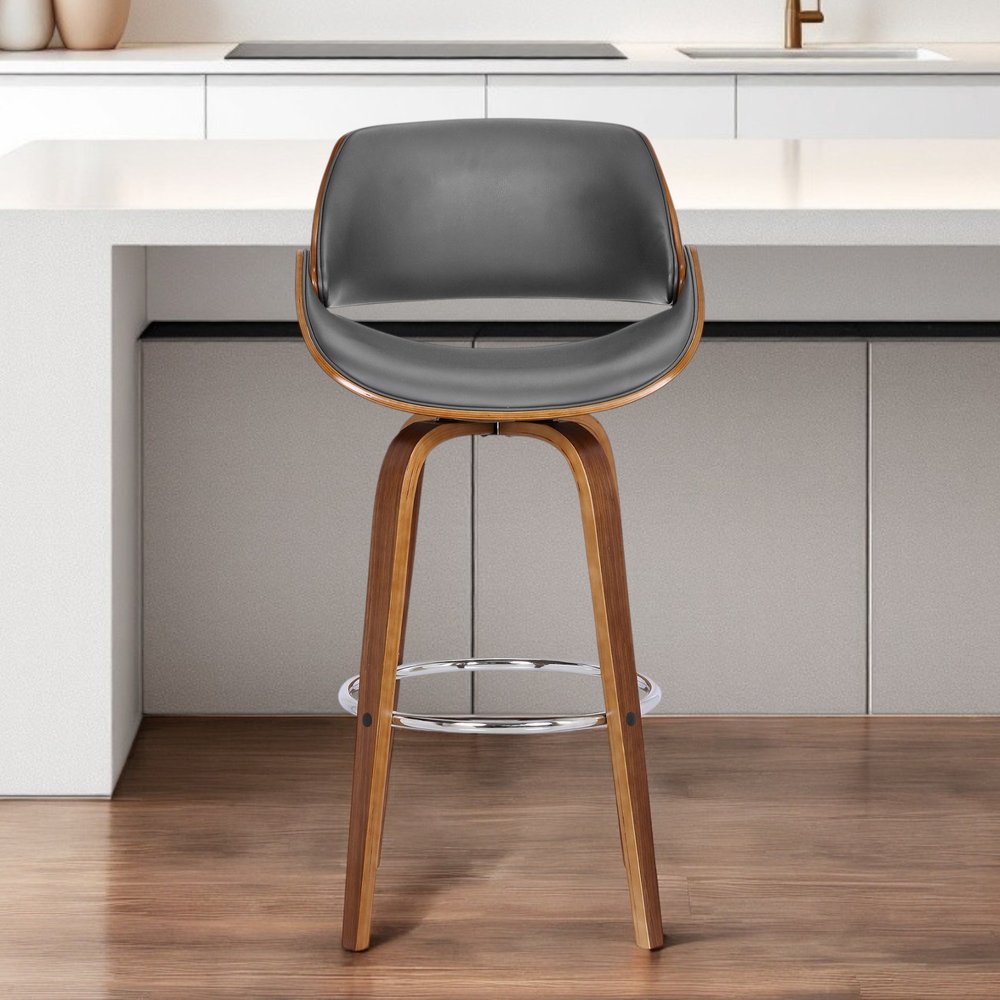 26" Gray And Brown Faux Leather And Iron Swivel Low Back Counter Height Bar Chair HomeRoots