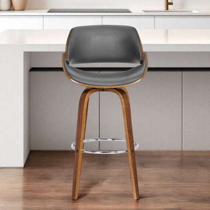 26" Gray And Brown Faux Leather And Iron Swivel Low Back Counter Height Bar Chair HomeRoots