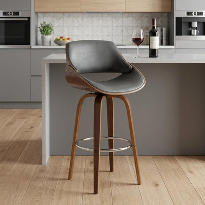 26" Gray And Brown Faux Leather And Fabric And Iron Low Back Counter Height Swivel Bar Chair HomeRoots