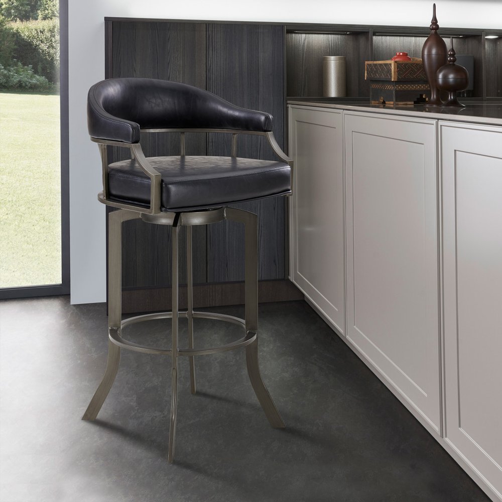 26" Gray And Black Faux Leather And Iron Swivel Low Back Counter Height Bar Chair HomeRoots