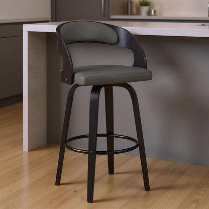 26" Gray And Black Faux Leather And Fabric And Iron Low Back Counter Height Swivel Bar Chair HomeRoots