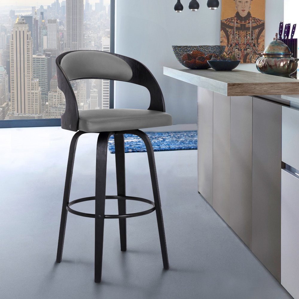 30" Gray And Black Fabric And Iron Low Back Bar Height Swivel Bar Chair HomeRoots