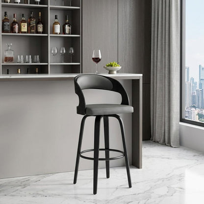 30" Gray And Black Fabric And Iron Low Back Bar Height Swivel Bar Chair HomeRoots