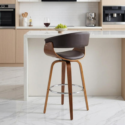 27" Brown Faux Leather And Fabric And Iron Low Back Counter Height Swivel Bar Chair HomeRoots