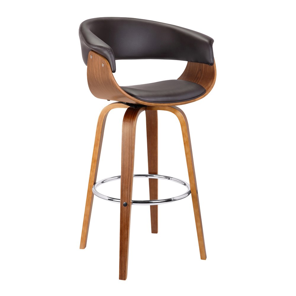 31" Brown Faux Leather And Fabric And Solid Wood Low Back Bar Height Swivel Bar Chair HomeRoots