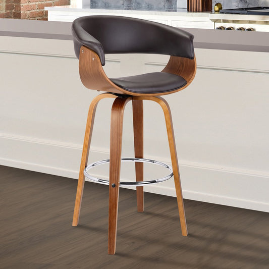 31" Brown Faux Leather And Fabric And Solid Wood Low Back Bar Height Swivel Bar Chair HomeRoots