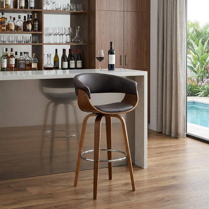 31" Brown Faux Leather And Fabric And Solid Wood Low Back Bar Height Swivel Bar Chair HomeRoots