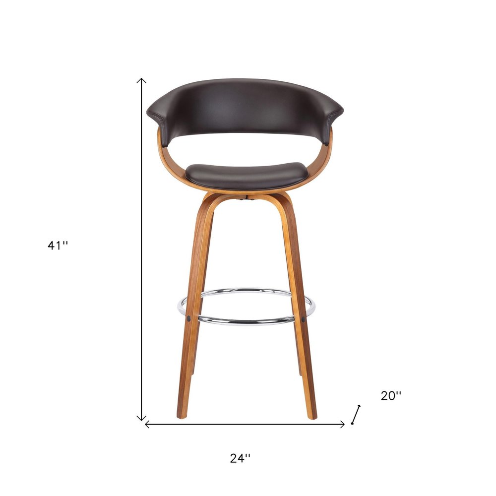 31" Brown Faux Leather And Fabric And Solid Wood Low Back Bar Height Swivel Bar Chair HomeRoots