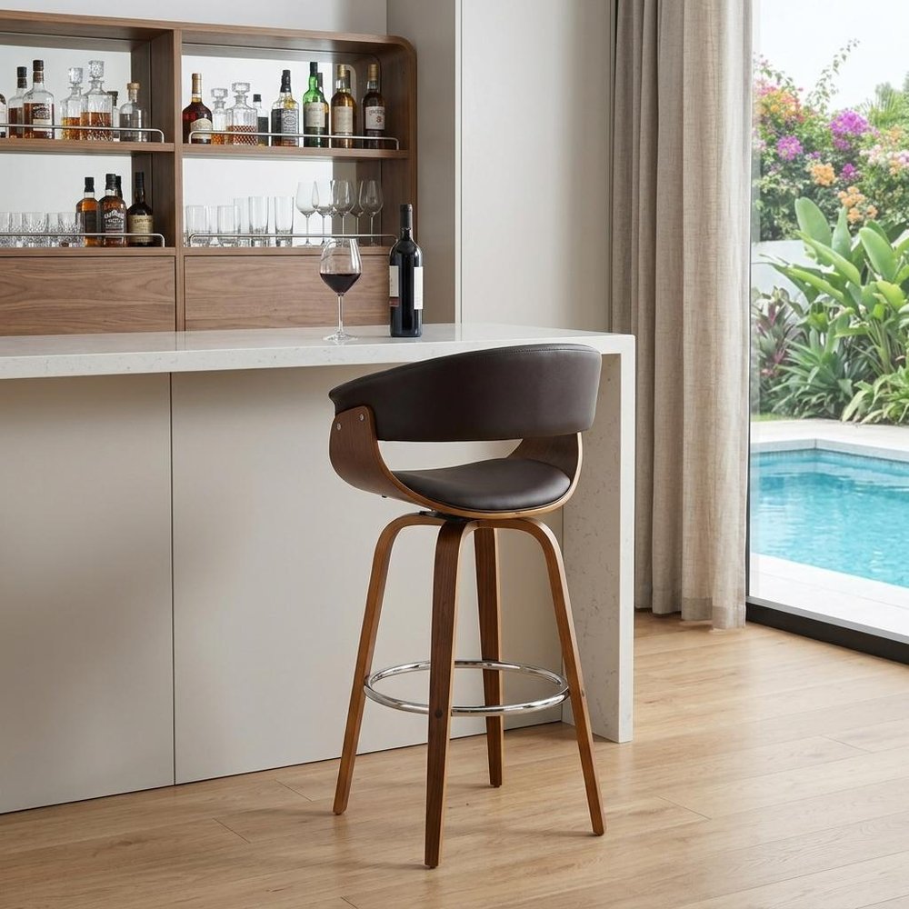 31" Brown Faux Leather And Fabric And Solid Wood Low Back Bar Height Swivel Bar Chair HomeRoots
