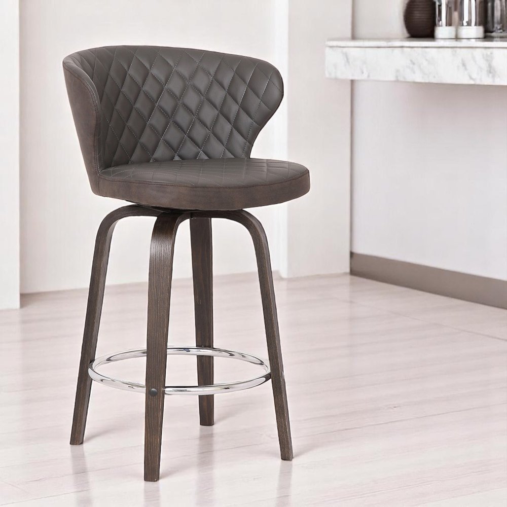 30" Brown Faux Leather And Fabric And Iron Low Back Bar Height Swivel Bar Chair HomeRoots