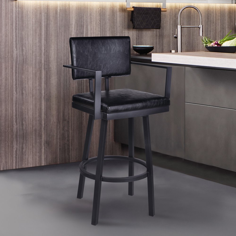 26" Black Faux Leather And Iron Counter Height Swivel Bar Chair HomeRoots