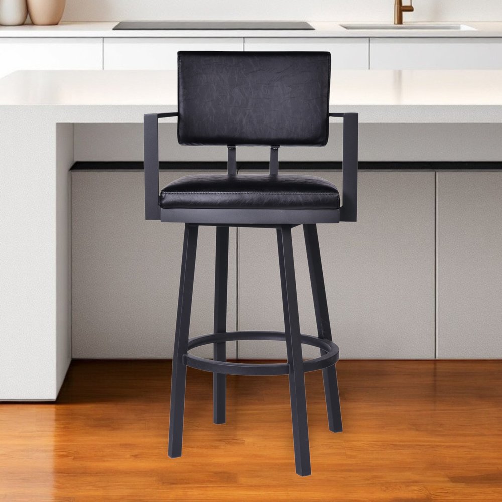 26" Black Faux Leather and Iron Counter Height Swivel Bar Chair HomeRoots